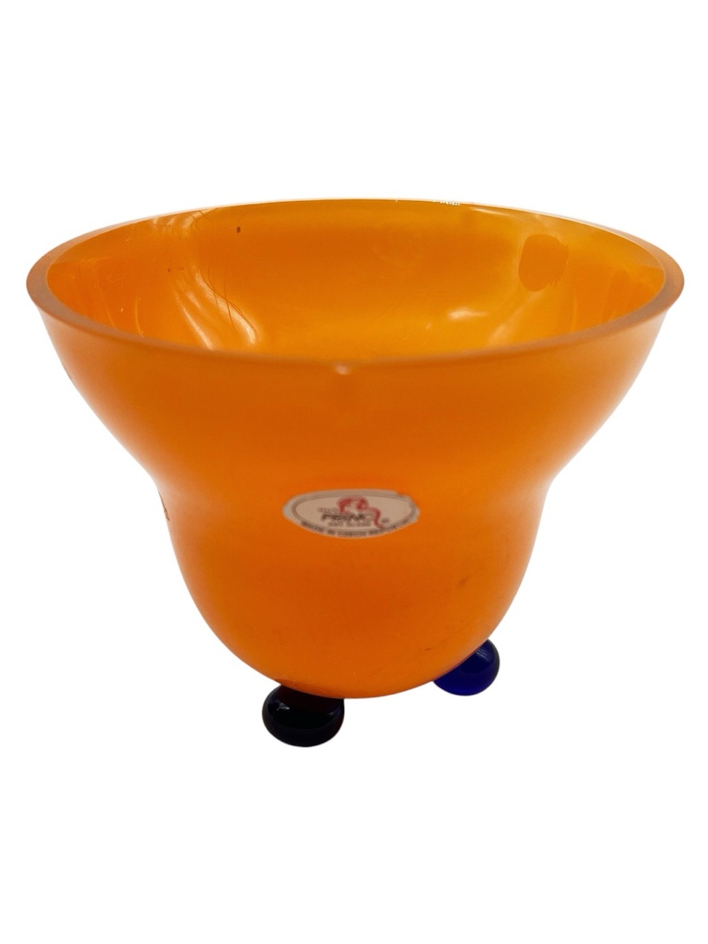 Princ Art Glass Vase  Czech Republic Orange Cobalt Blue Bun Feet